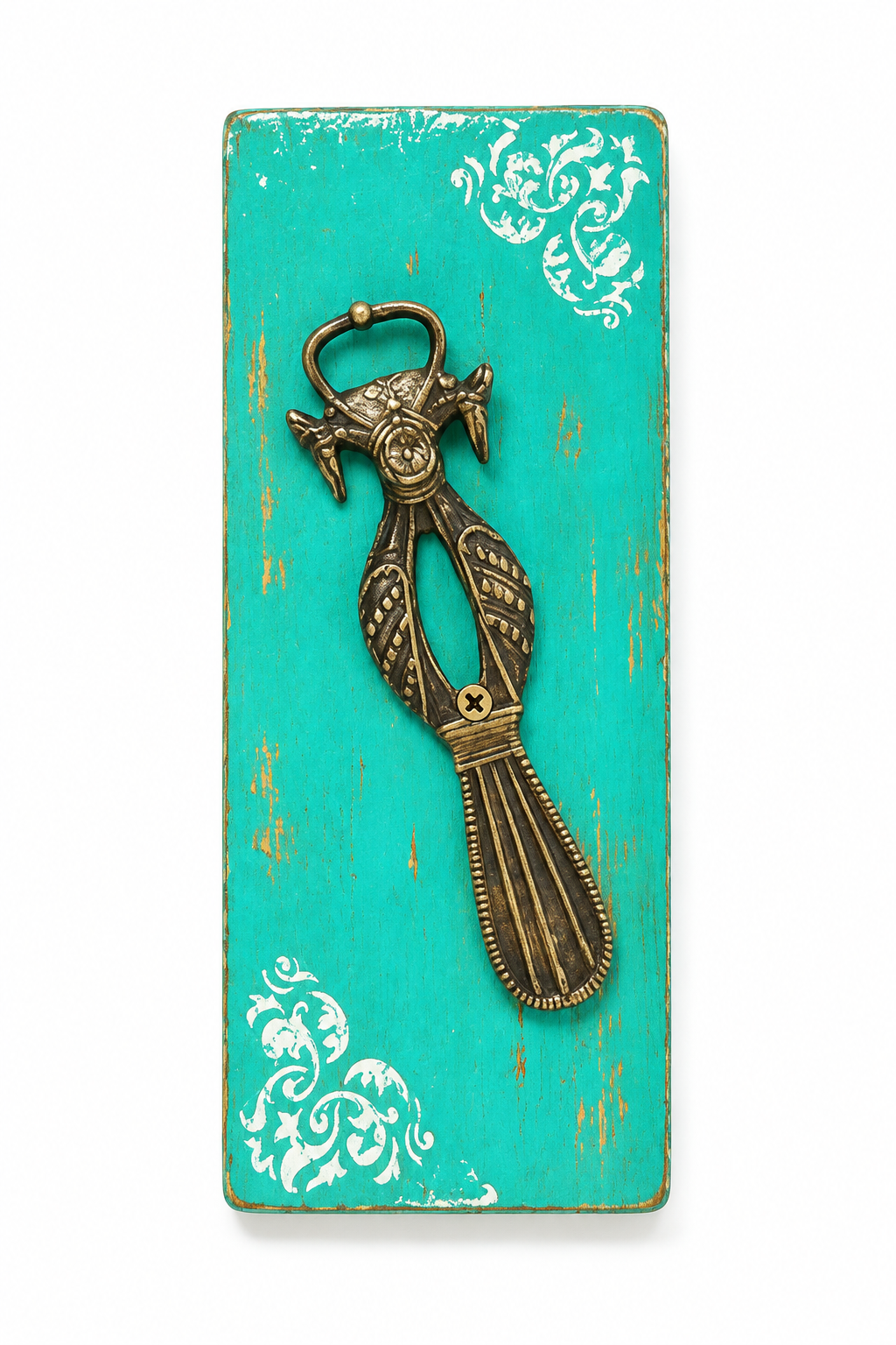 Handcrafted Brass artefact mounted on distressed turquoise wood for wall décor – hoWme