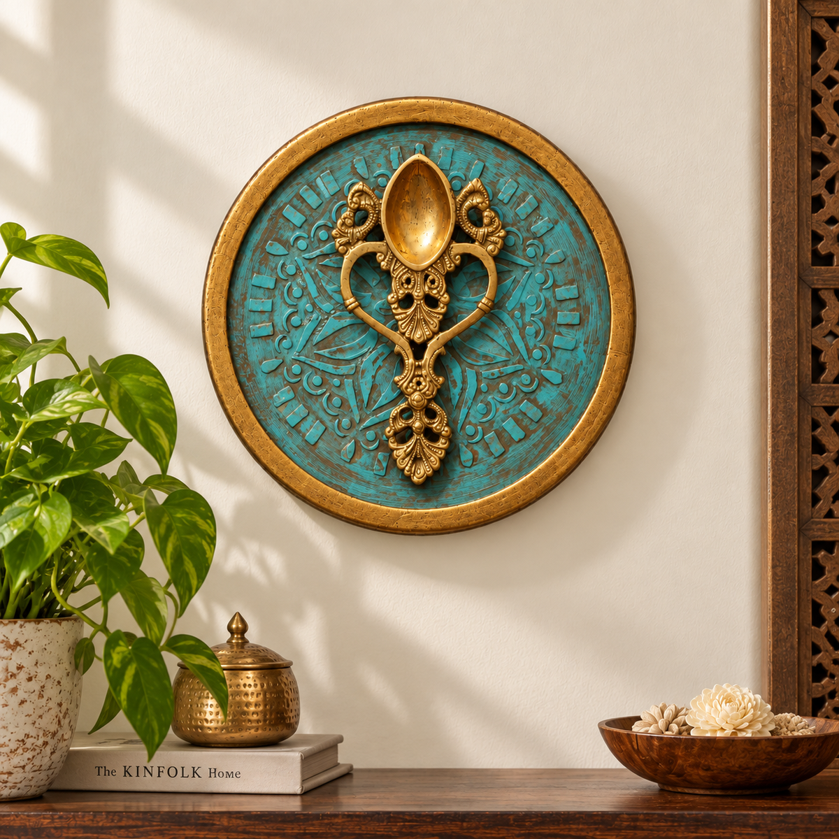 Handcrafted framed brass camphor aarti stand blue backdrop for wall décor – hoWme