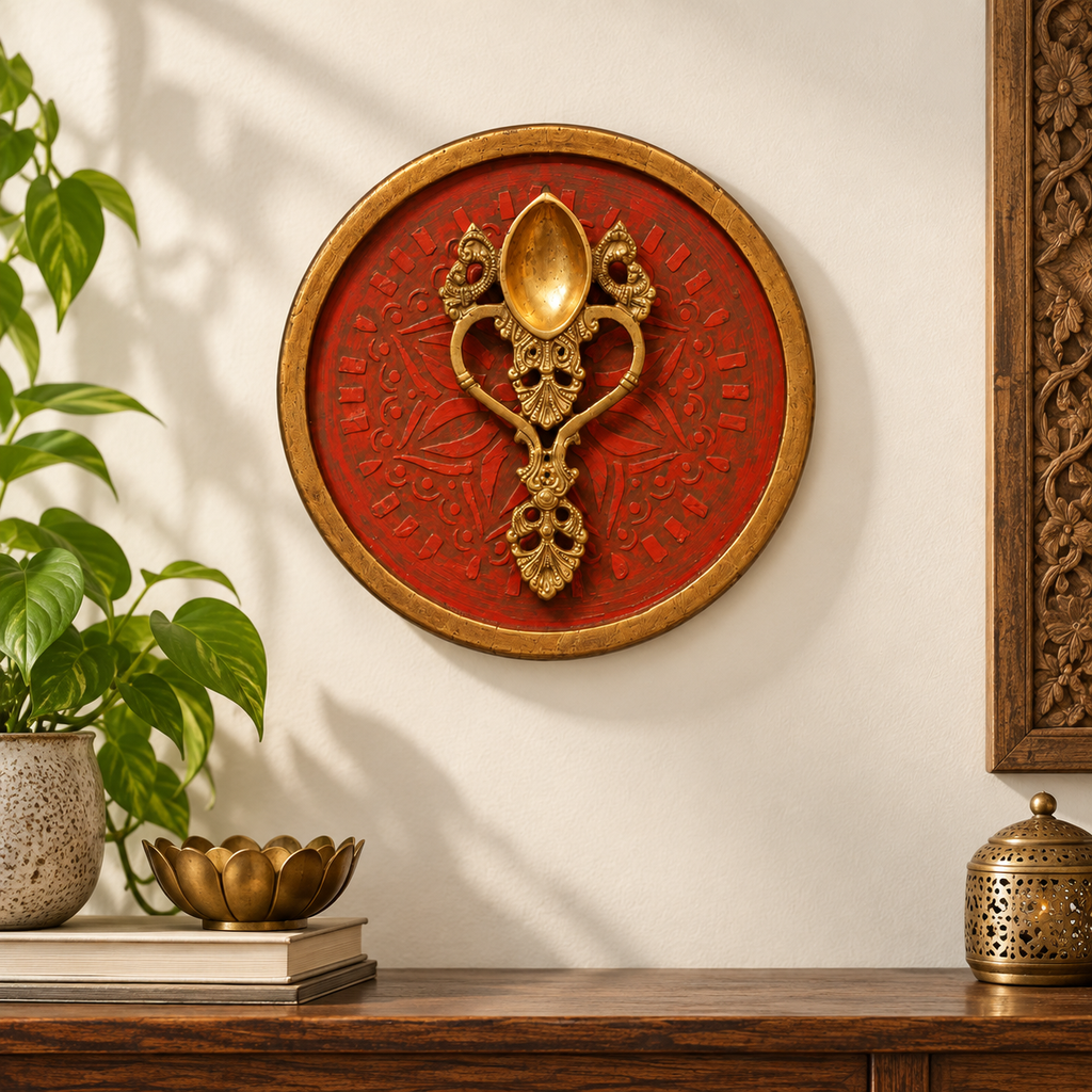 Handcrafted framed brass camphor aarti red backdrop for wall décor – hoWme