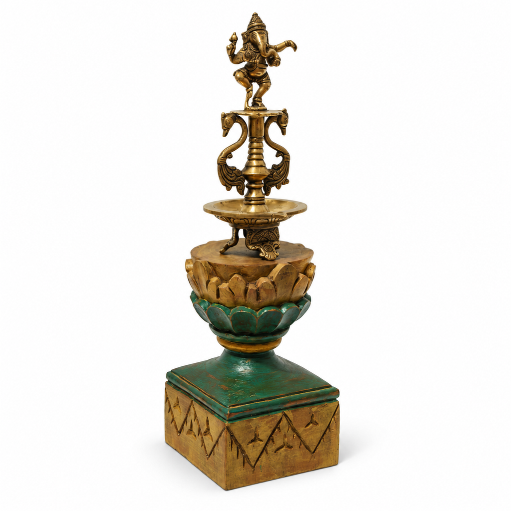 Handcrafted dancing brass Ganesha on carved wooden stand – angled view for table or shelf décor – hoWme