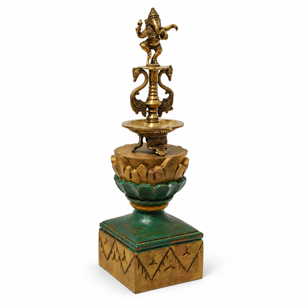 Handcrafted dancing brass Ganesha on carved wooden stand – angled view for table or shelf décor – hoWme