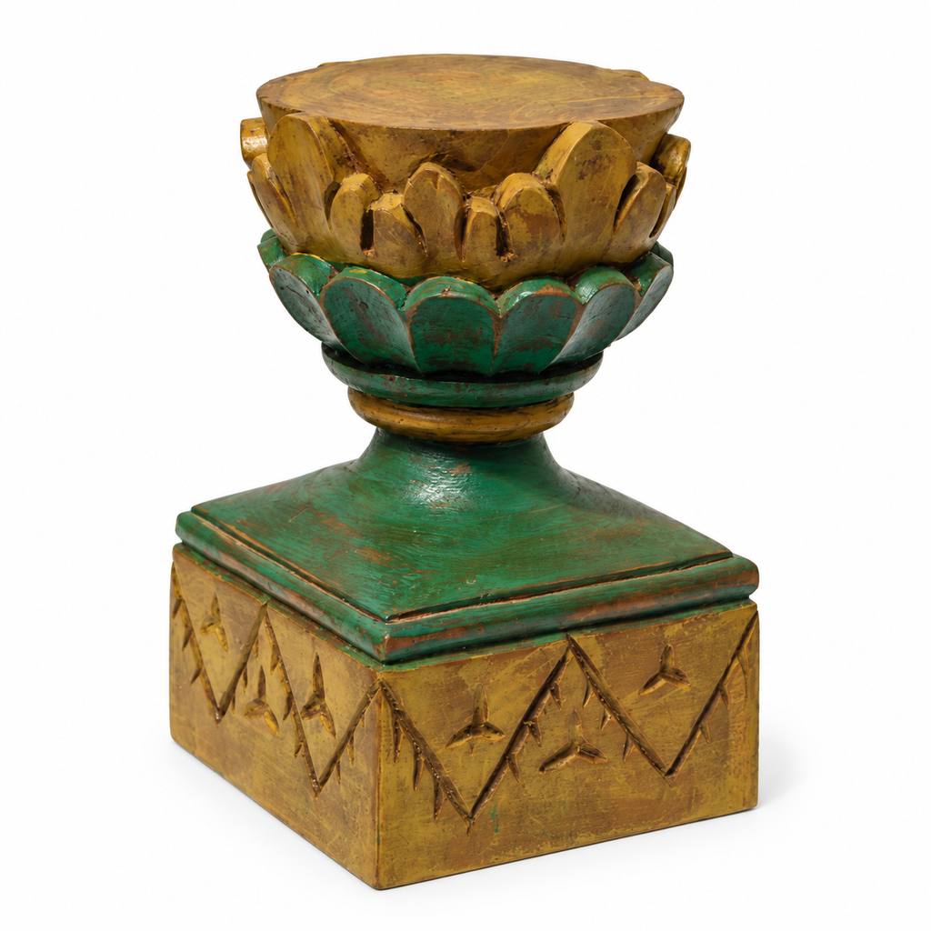 Handcrafted dancing brass Ganesha on carved wooden stand – carved pedestal detail for table or shelf décor – hoWme