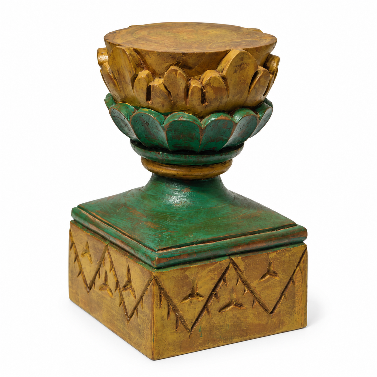 Handcrafted dancing brass Ganesha on carved wooden stand – carved pedestal detail for table or shelf décor – hoWme