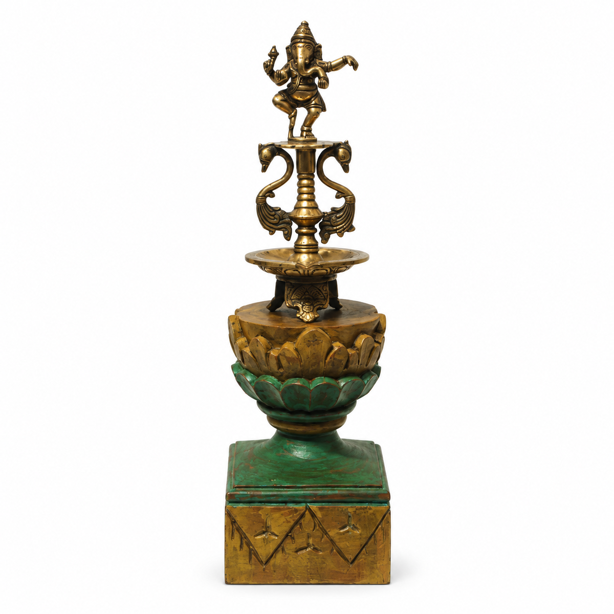 Handcrafted dancing brass Ganesha on carved wooden stand – front view for table or shelf décor – hoWme