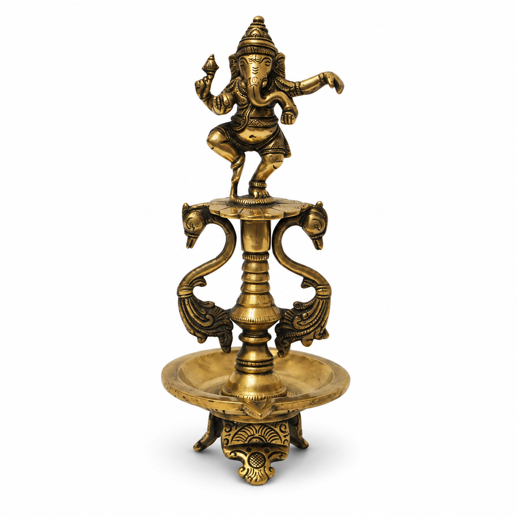 Handcrafted dancing brass Ganesha on carved wooden stand – brass artefact close-up for table or shelf décor – hoWme