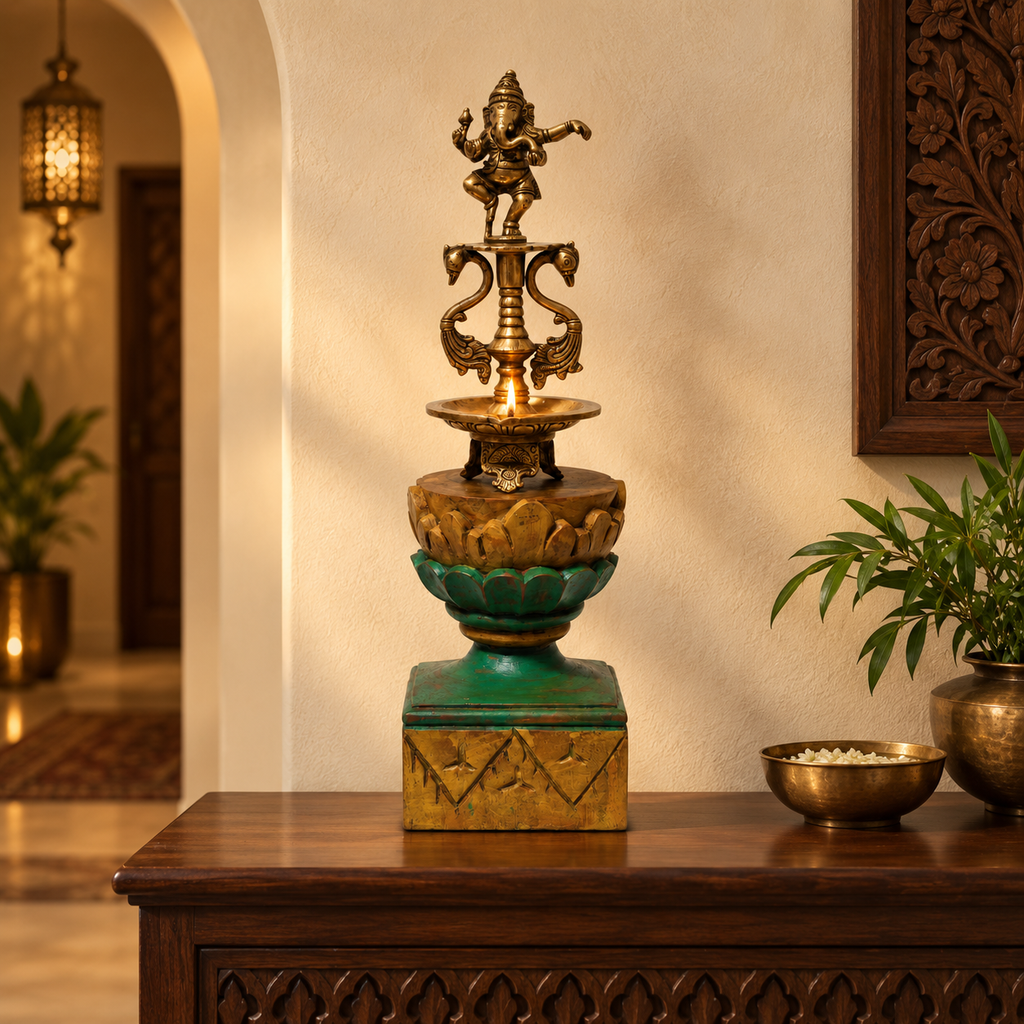 Handcrafted dancing brass Ganesha on carved wooden stand for table or shelf décor – hoWme