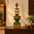 Handcrafted dancing brass Ganesha on carved wooden stand for table or shelf décor – hoWme