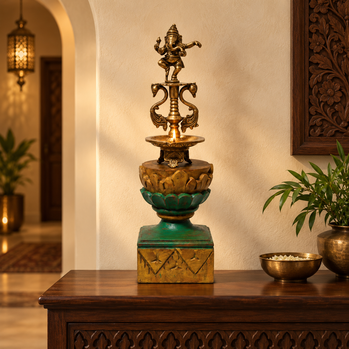 Handcrafted dancing brass Ganesha on carved wooden stand for table or shelf décor – hoWme