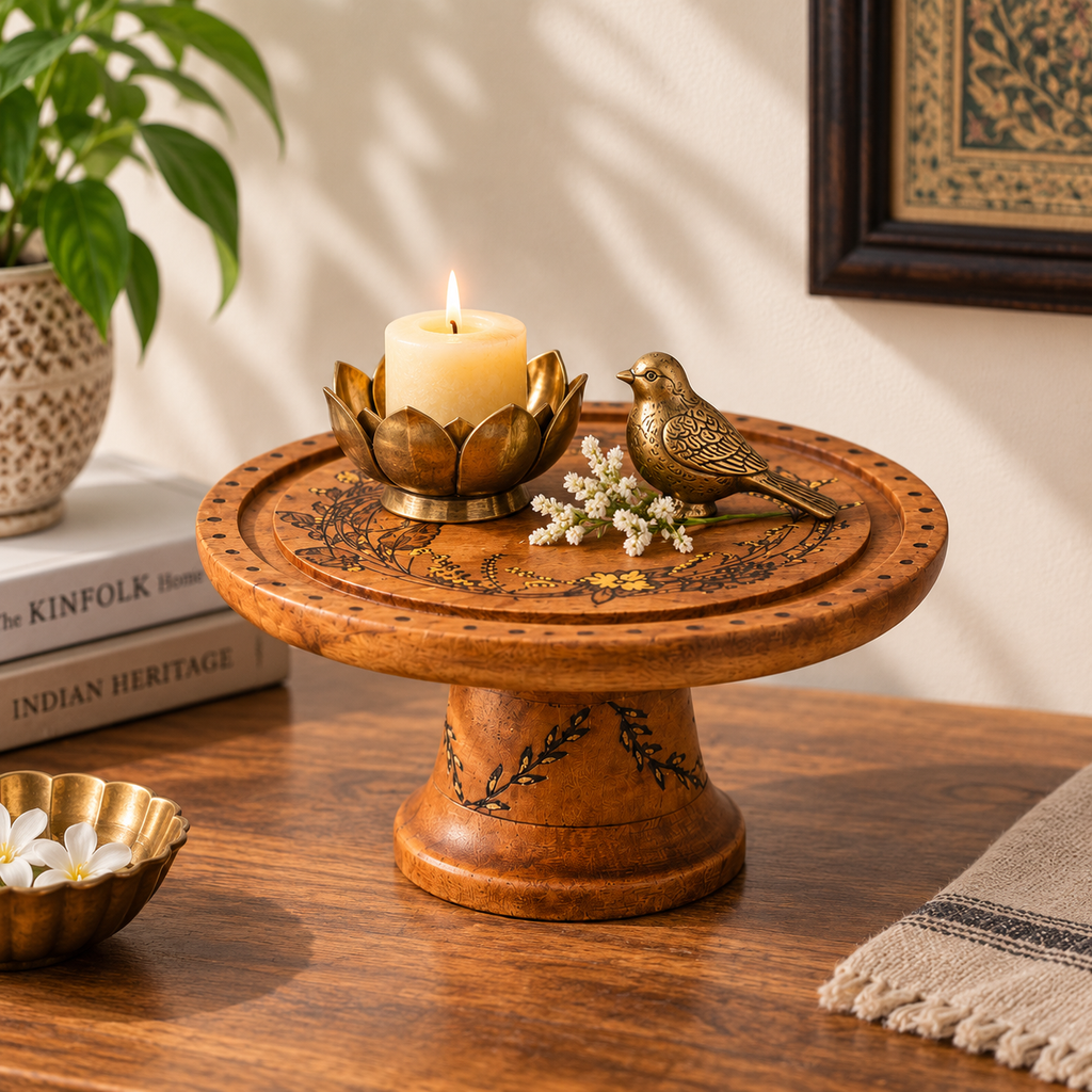 Handcrafted floral pyrography wooden pedestal stand for table or shelf décor – hoWme
