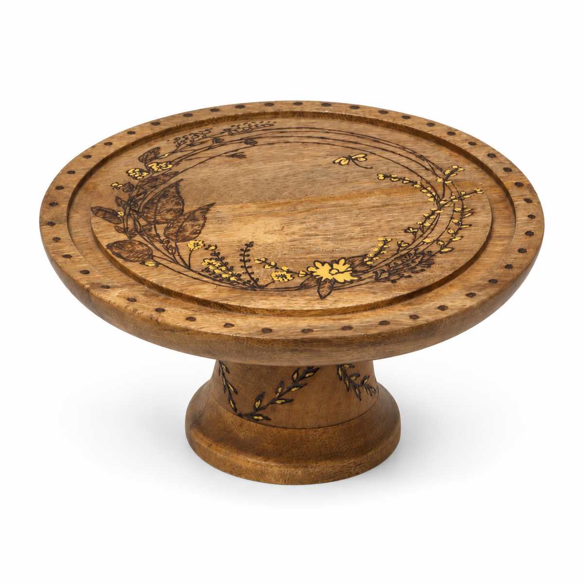 Handcrafted floral pyrography wooden pedestal stand – angled view for table or shelf décor – hoWme