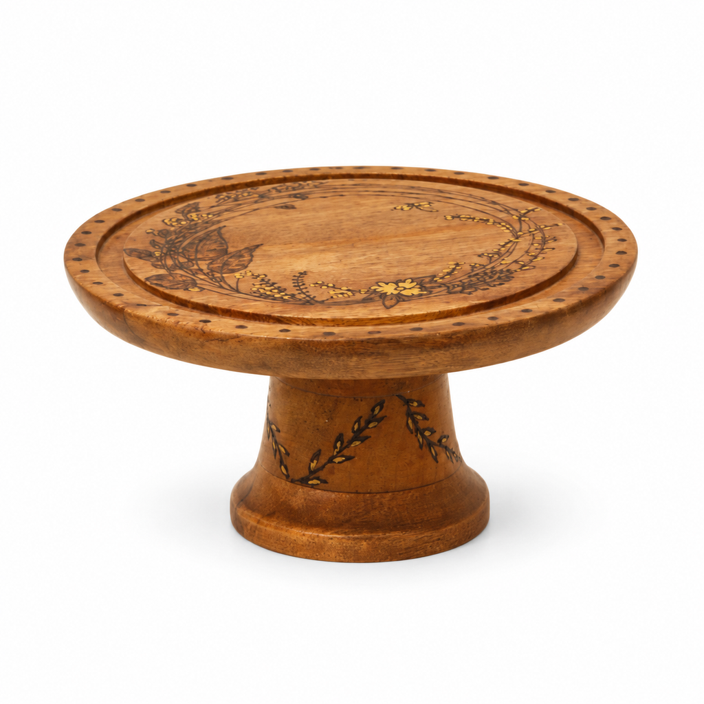 Handcrafted floral pyrography wooden pedestal stand – front view for table or shelf décor – hoWme