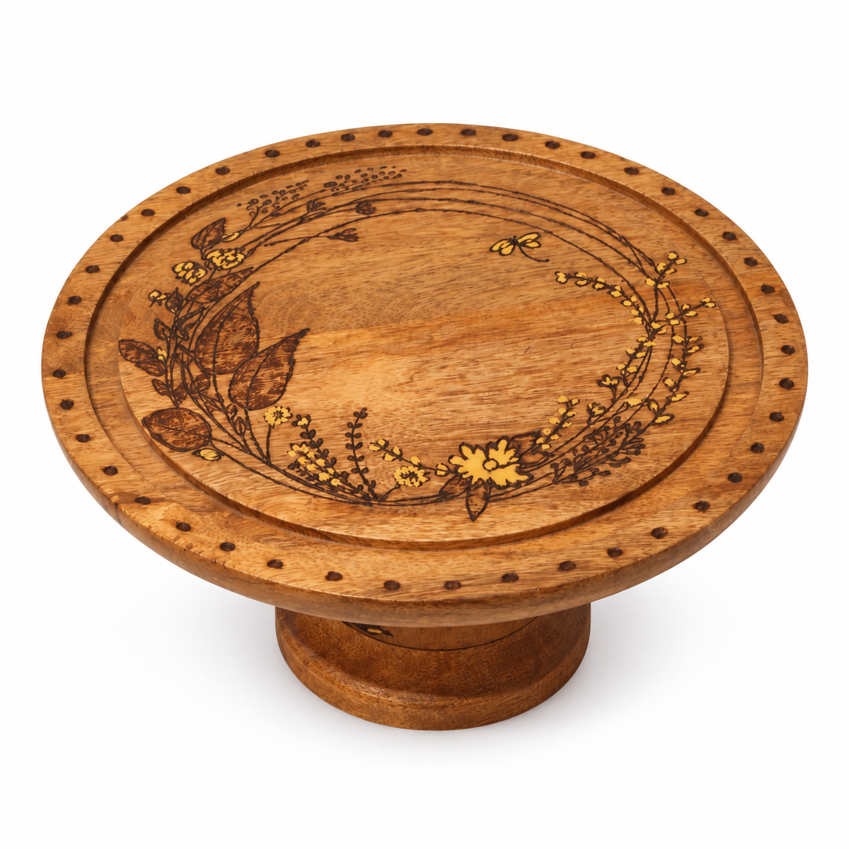 Handcrafted floral pyrography wooden pedestal stand – top view for table or shelf décor – hoWme