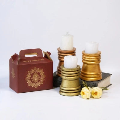 Handcrafted Golden wooden candle stand styled for festive gifting – hoWme