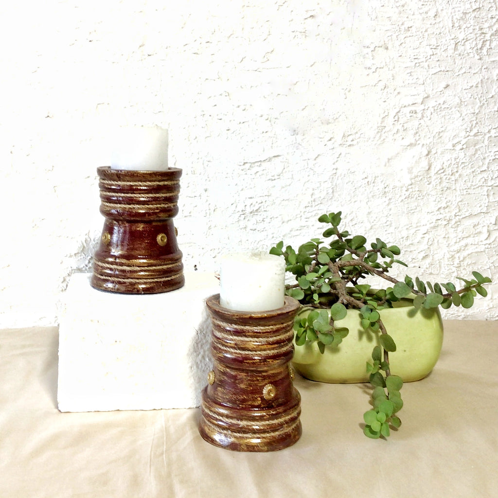 Handcrafted Maroon wooden decorative candle stand set of two styled with candles for table or shelf décor – hoWme