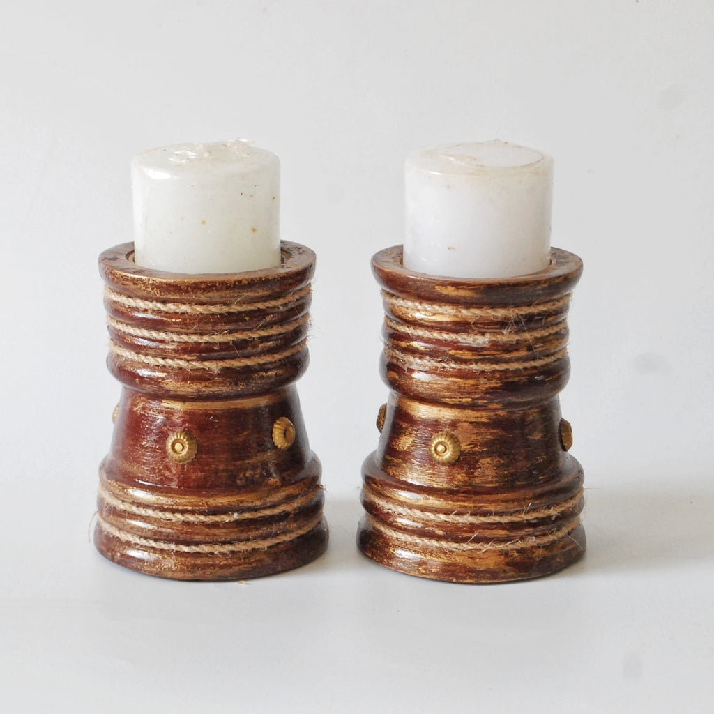 Handcrafted Pair of maroon wooden decorative candle stands with candles for table or shelf décor – hoWme