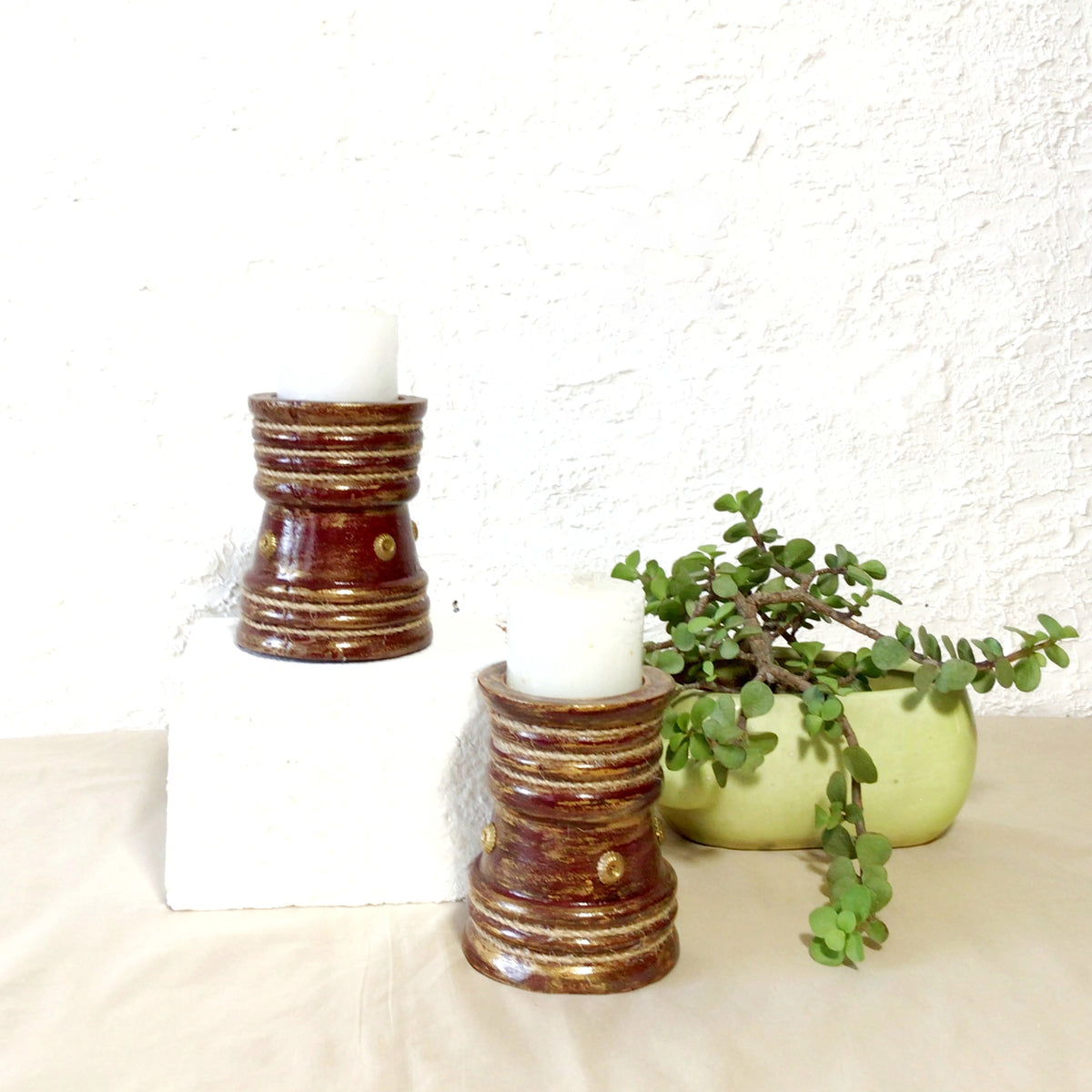 Handcrafted Maroon wooden candle stand set of two in a styled décor setting for table or shelf décor – hoWme