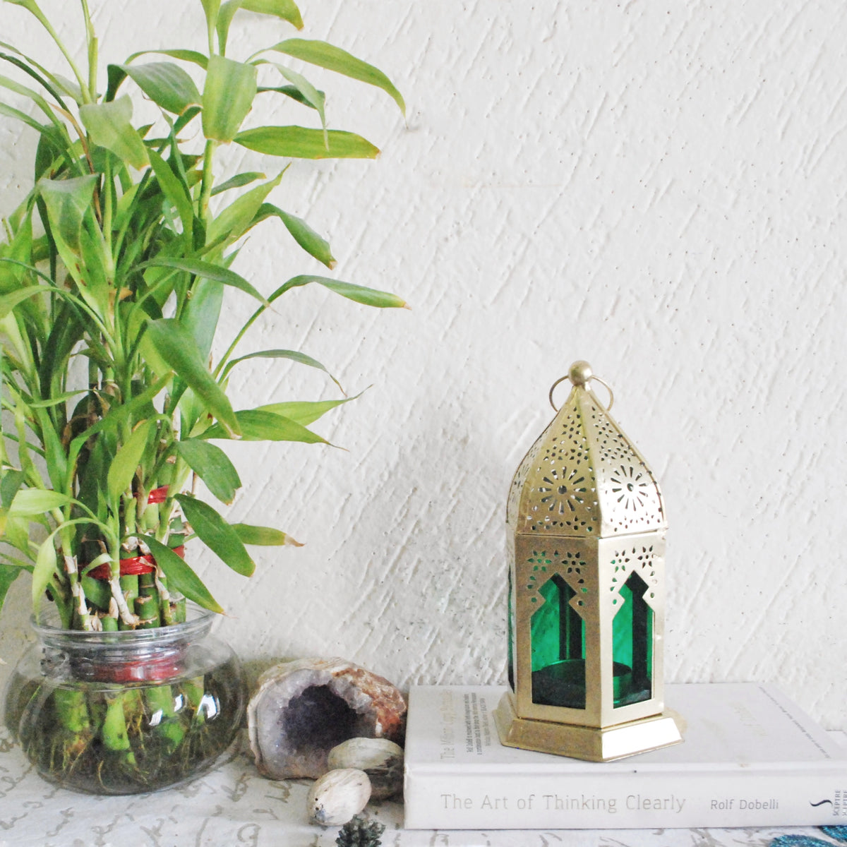 Handcrafted Green Moroccan lantern with metal and glass detailing for table or shelf décor – hoWme