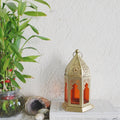 Handcrafted Orange Moroccan lantern with metal and glass detailing for table or shelf décor – hoWme