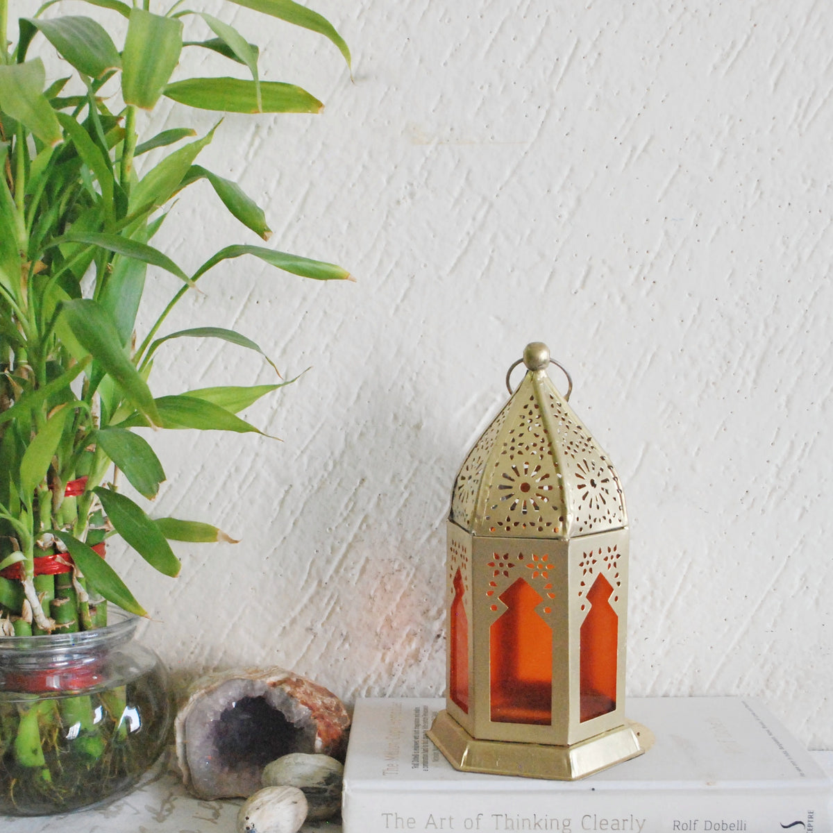 Handcrafted Orange Moroccan lantern with metal and glass detailing for table or shelf décor – hoWme