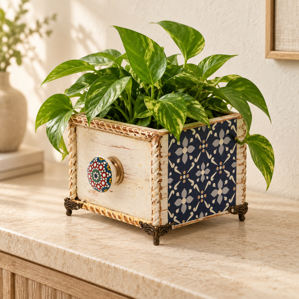 Handcrafted blue decoupage planter for table or shelf décor – hoWme