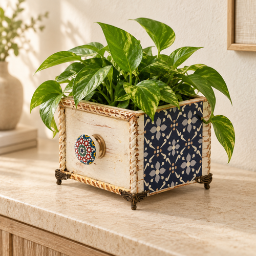 Handcrafted blue decoupage planter for table or shelf décor – hoWme