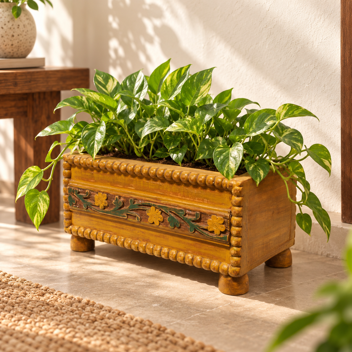 Handcrafted yellow carved wooden planter for table or shelf décor – hoWme