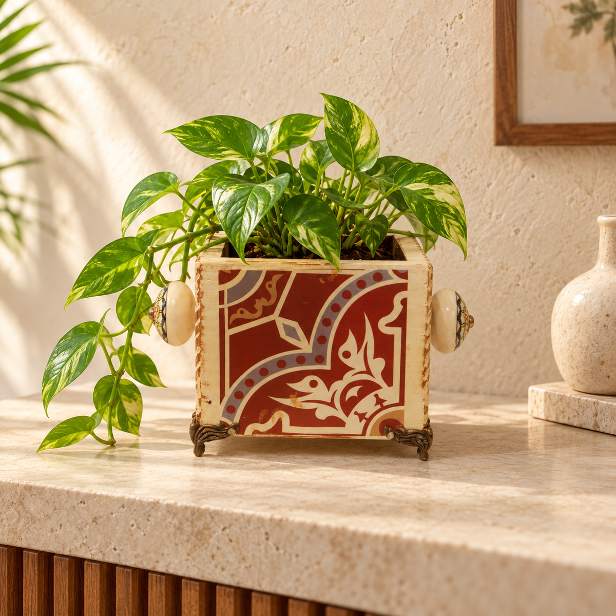 Handcrafted Red Abstract Floral Decoupage Planter for table or shelf décor – hoWme