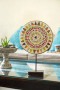 Handcrafted Round wooden decorative block with mosaic design on a stand for table or shelf décor – hoWme