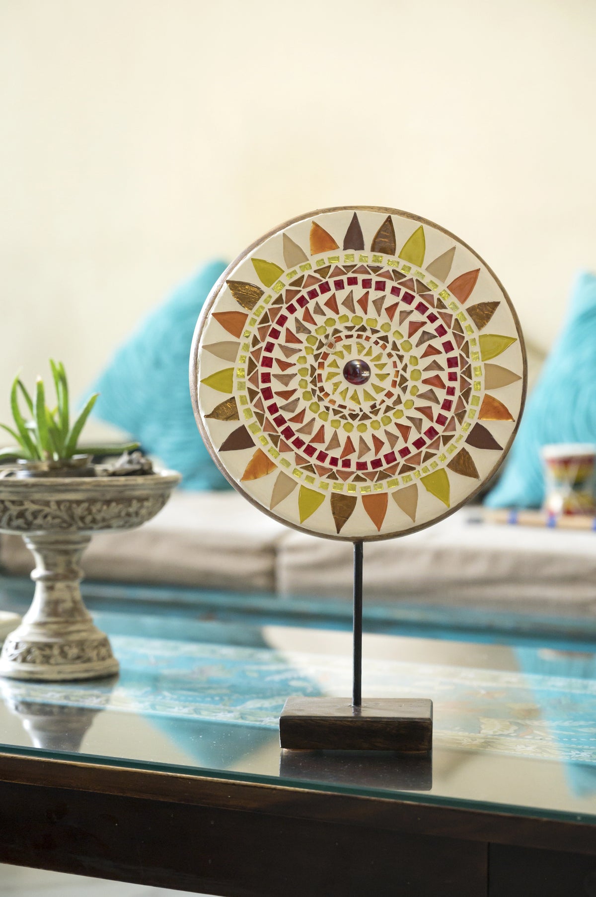 Handcrafted Round wooden decorative block with mosaic design on a stand for table or shelf décor – hoWme