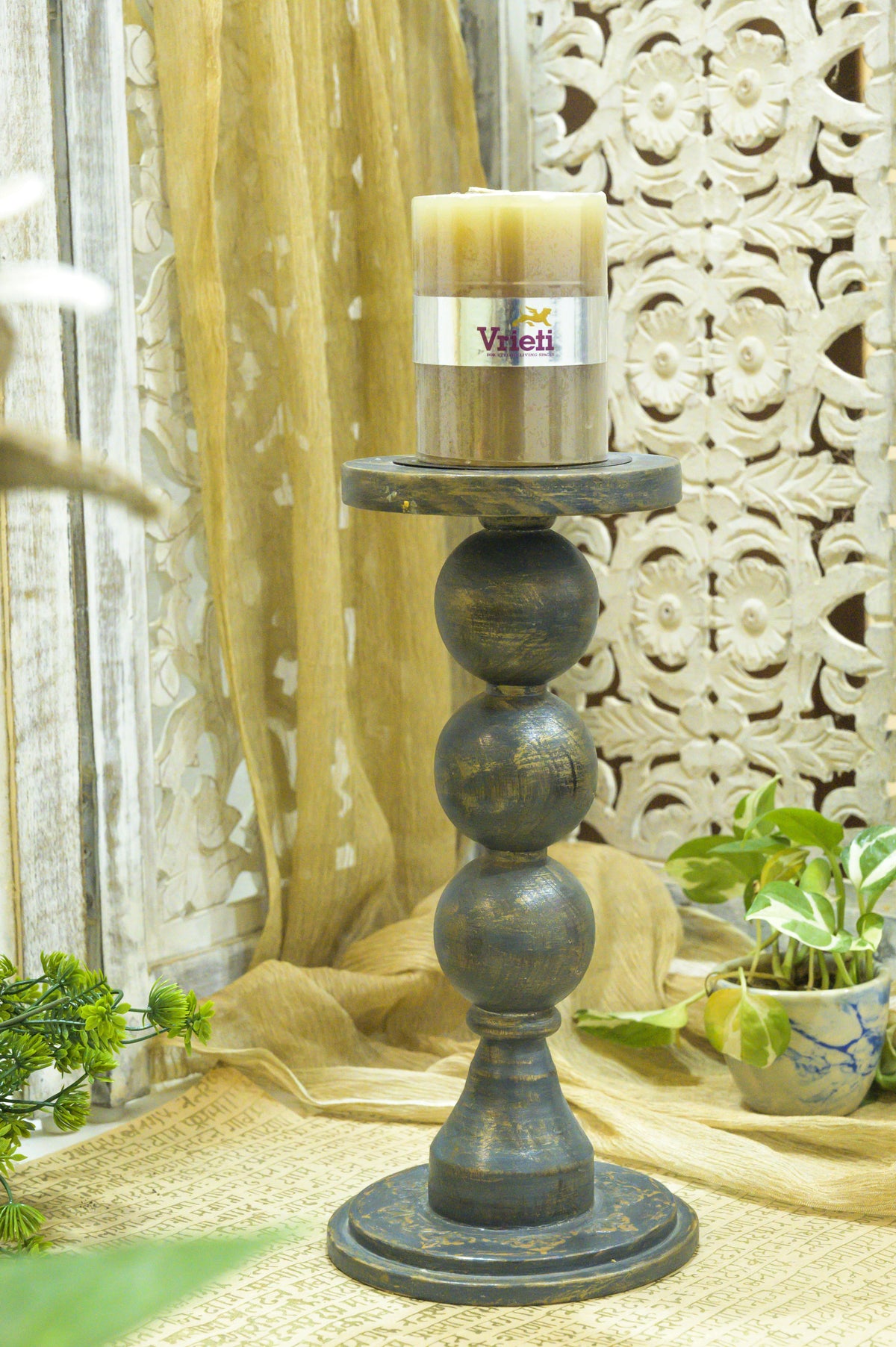 Handcrafted rustic wooden pedestal candle stand floor accent – hoWme