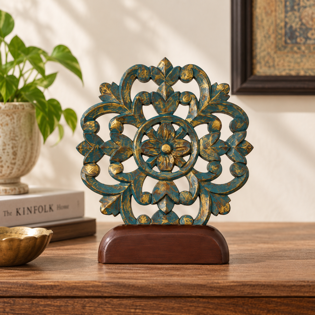 Handcrafted vintage teal carved wooden table accent – hoWme