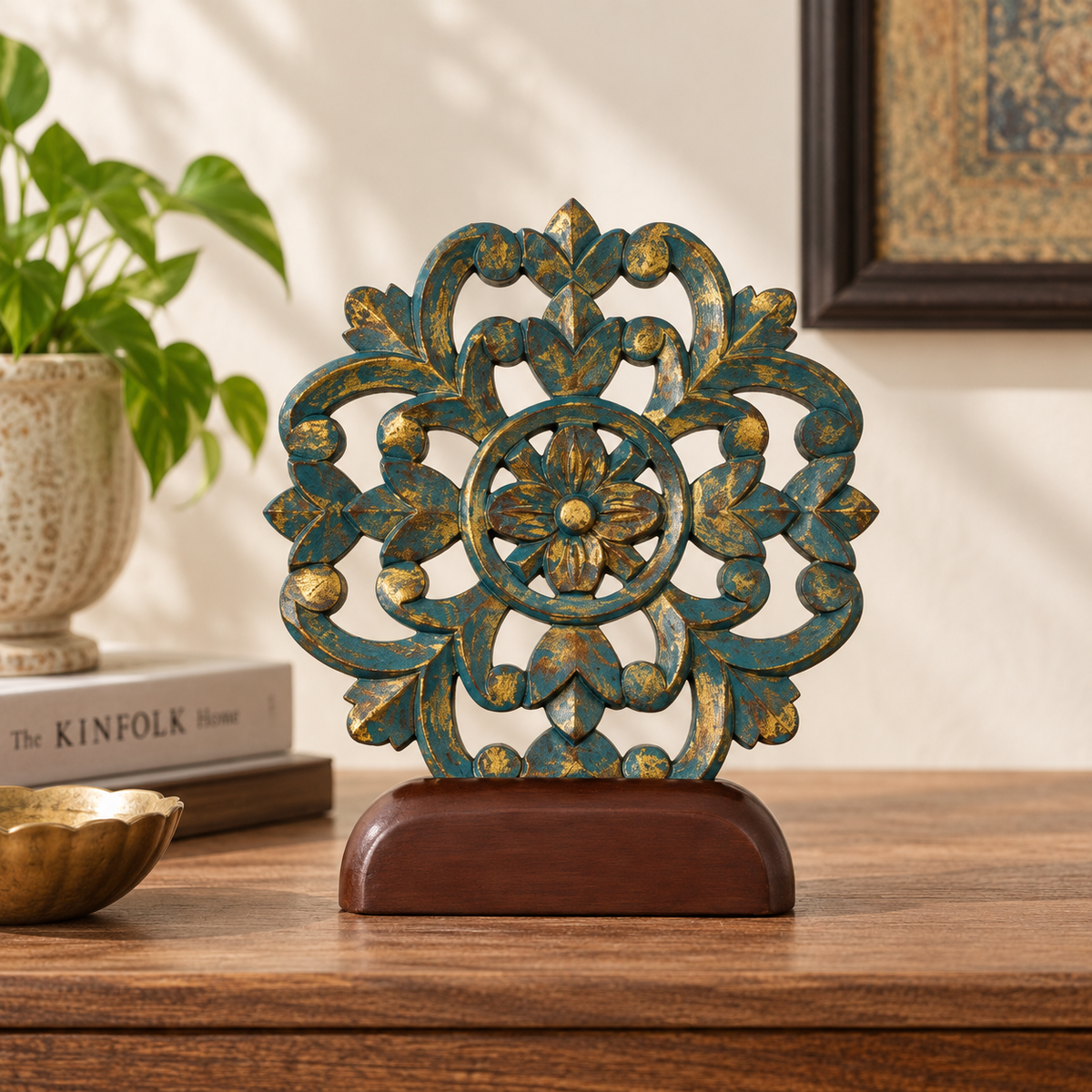 Handcrafted vintage teal carved wooden table accent – hoWme