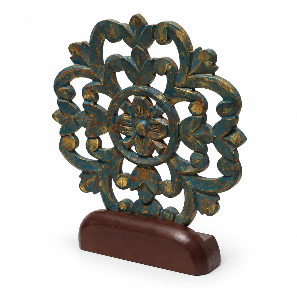 Handcrafted vintage teal carved wooden table accent – angled view – hoWme