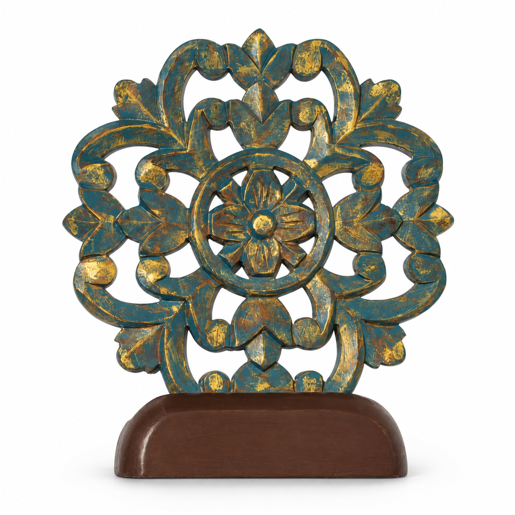 Handcrafted vintage teal carved wooden table accent – front view – hoWme