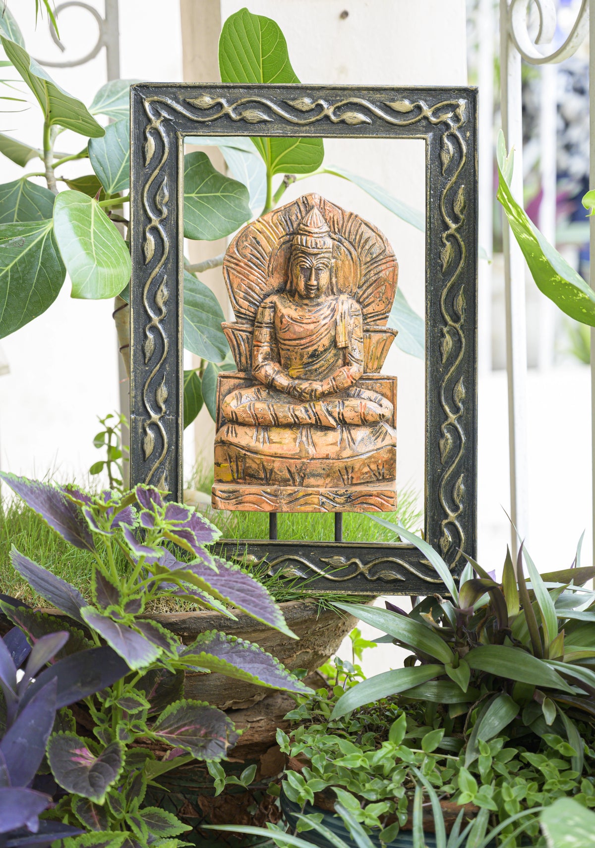 Handcrafted wooden Buddha mounted in a wooden frame for wall décor – hoWme