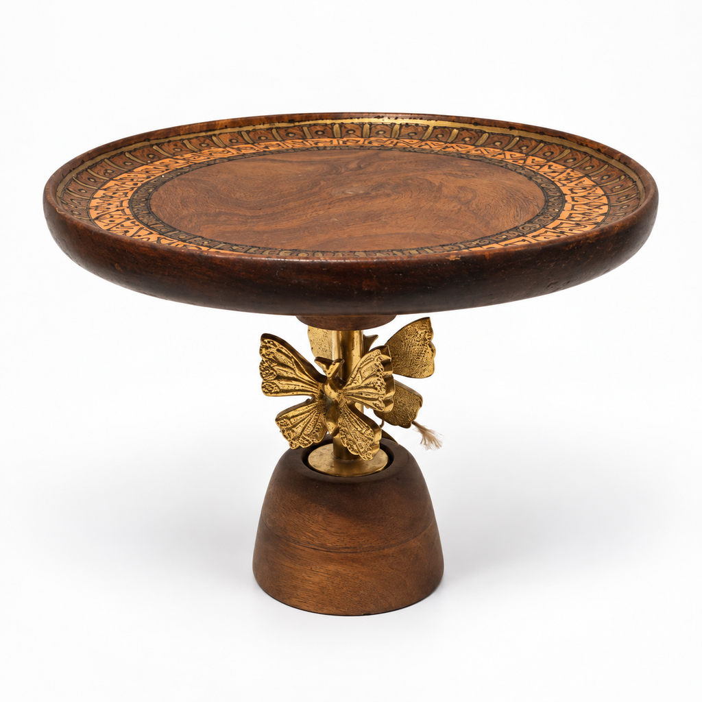 Handcrafted wooden butterfly pedestal stand – angled view for table or shelf décor – hoWme