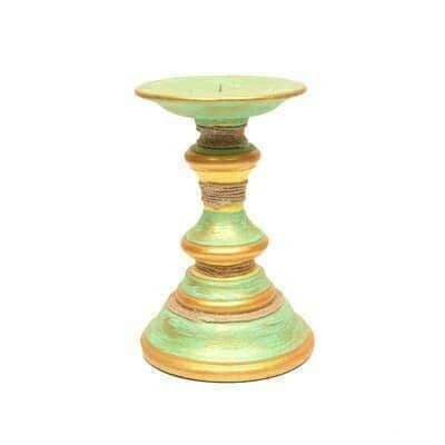 Handcrafted Green and gold wooden floor candle stand detail – hoWme