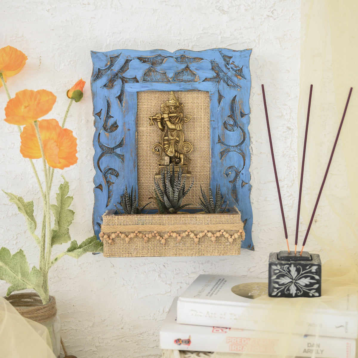 Handcrafted Wooden frame box with brass Krishna artefact for wall décor – hoWme