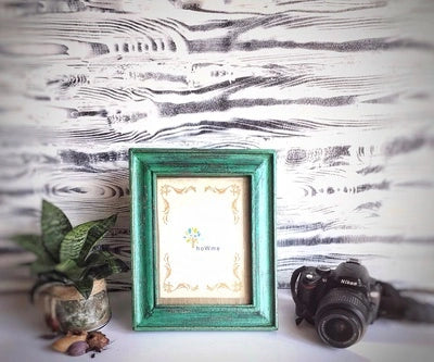 Handcrafted Large green wooden photo frame with distressed vintage finish for table or shelf décor – hoWme
