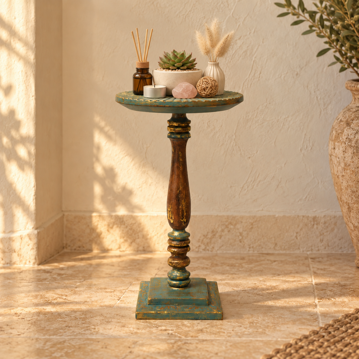 Handcrafted Antique Wooden Pedestal Blue and Gold decor styling for floor décor – hoWme