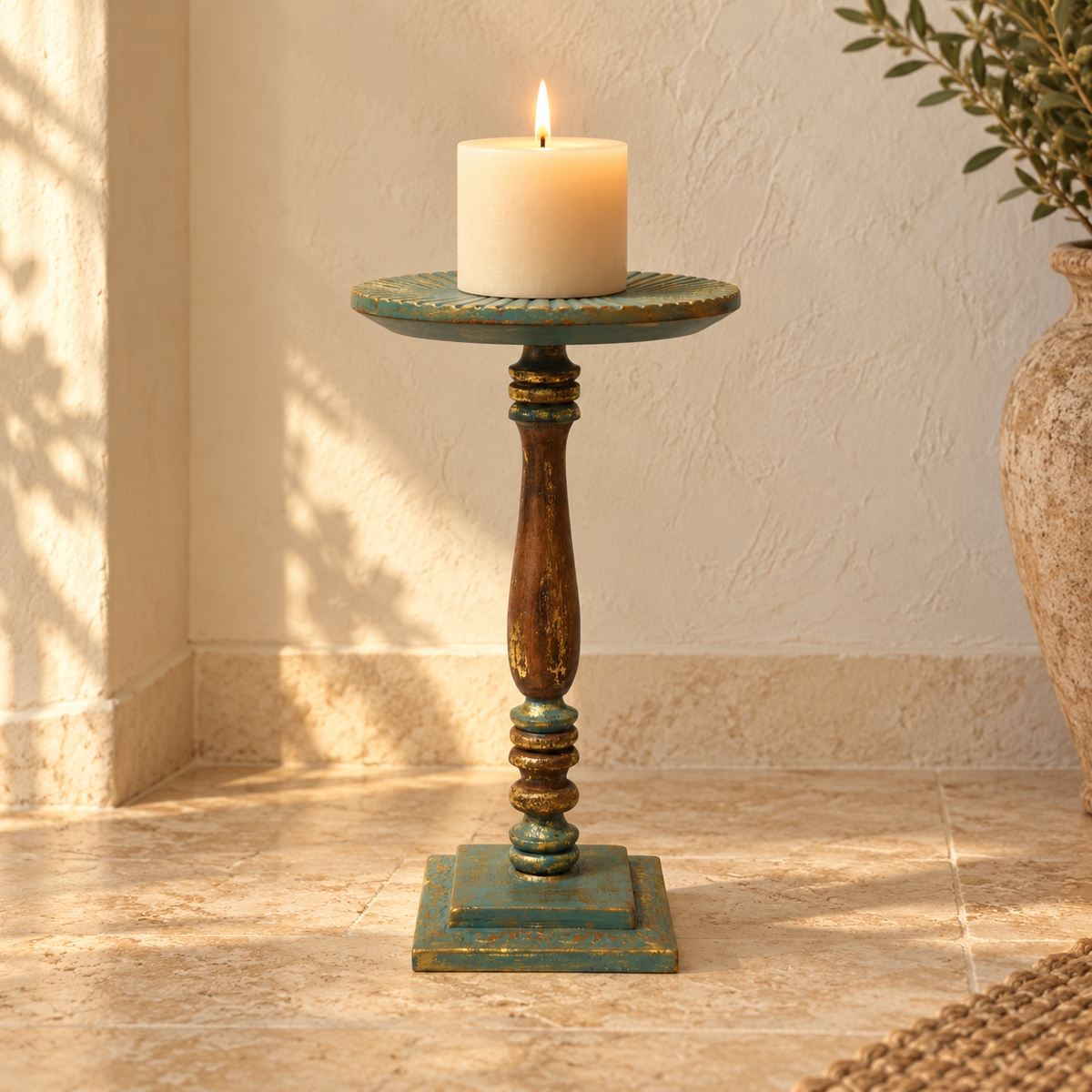 Handcrafted Antique Wooden Pedestal Blue and Gold candle styling for floor décor – hoWme