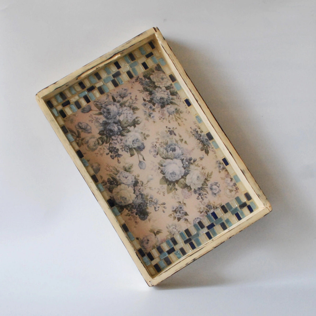 Handcrafted Carved floral mosaic wooden tray – view 2 for table or shelf décor – hoWme