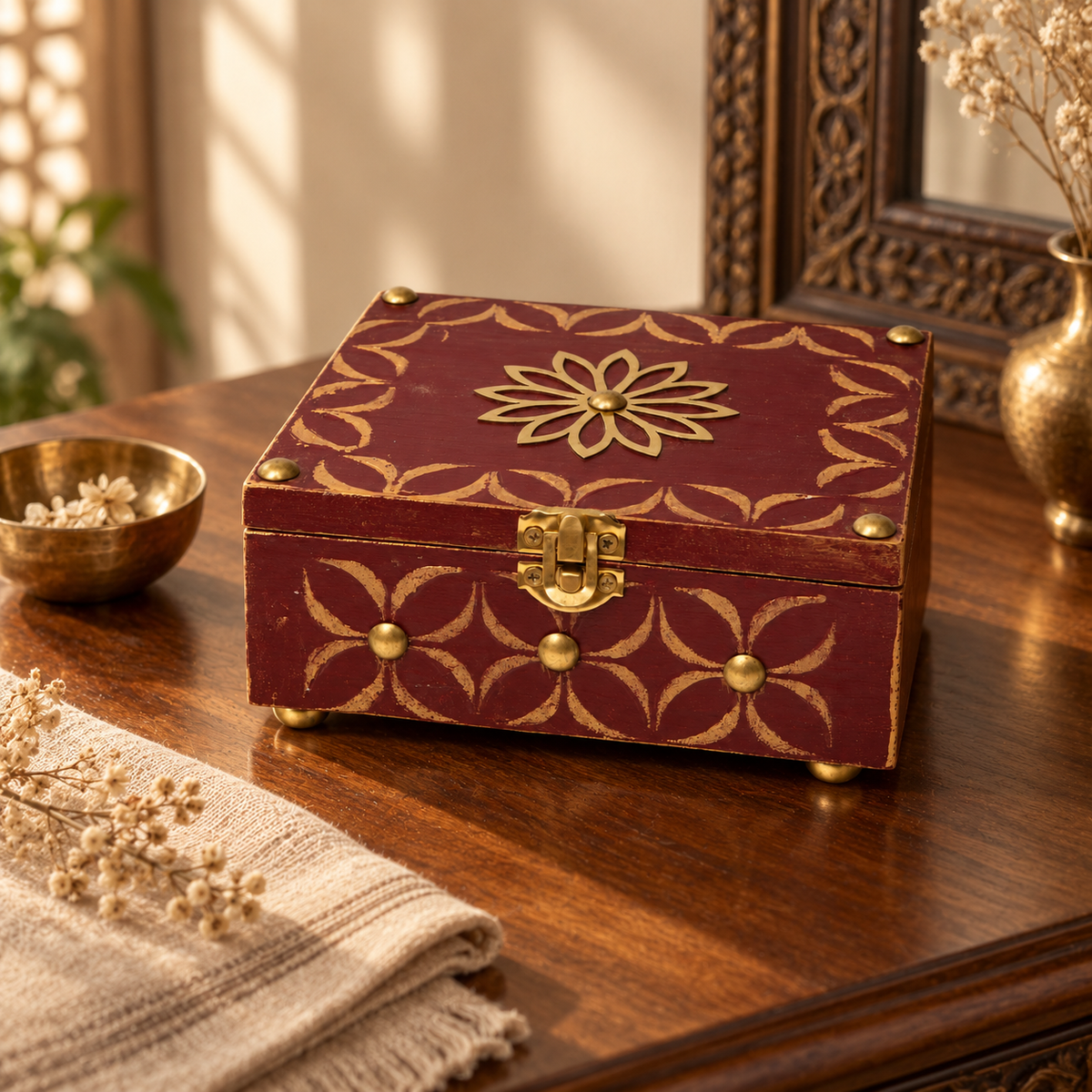 Red multipurpose wooden box with brass detail for table or shelf décor – hoWme