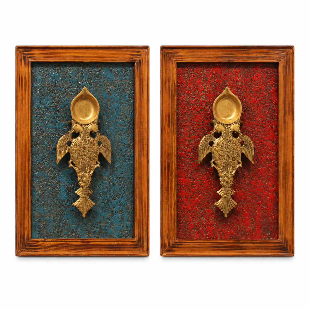 Handcrafted Maroon Framed Brass Aarti Diya Wall Accent on white background – hoWme
