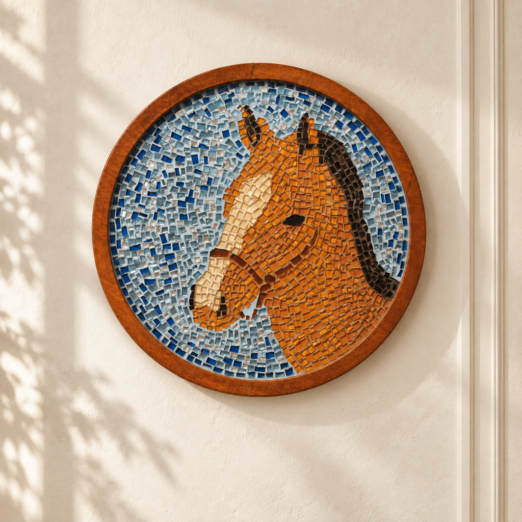 Blue and multicolour mosaic horse wall art displayed on a light wall – hoWme
