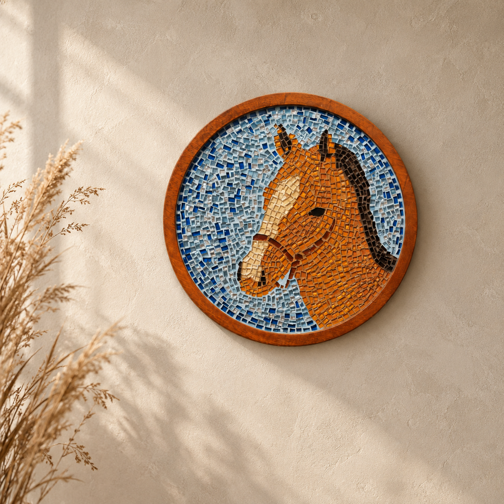 Blue and multicolour mosaic horse wall art styled in a warm interior – hoWme