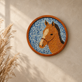 Blue and multicolour mosaic horse wall art styled in a warm interior – hoWme