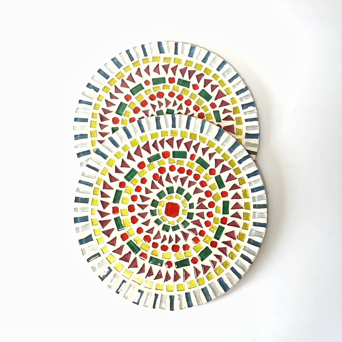 Multicolour mosaic MDF trivets set of two on white background - hoWme