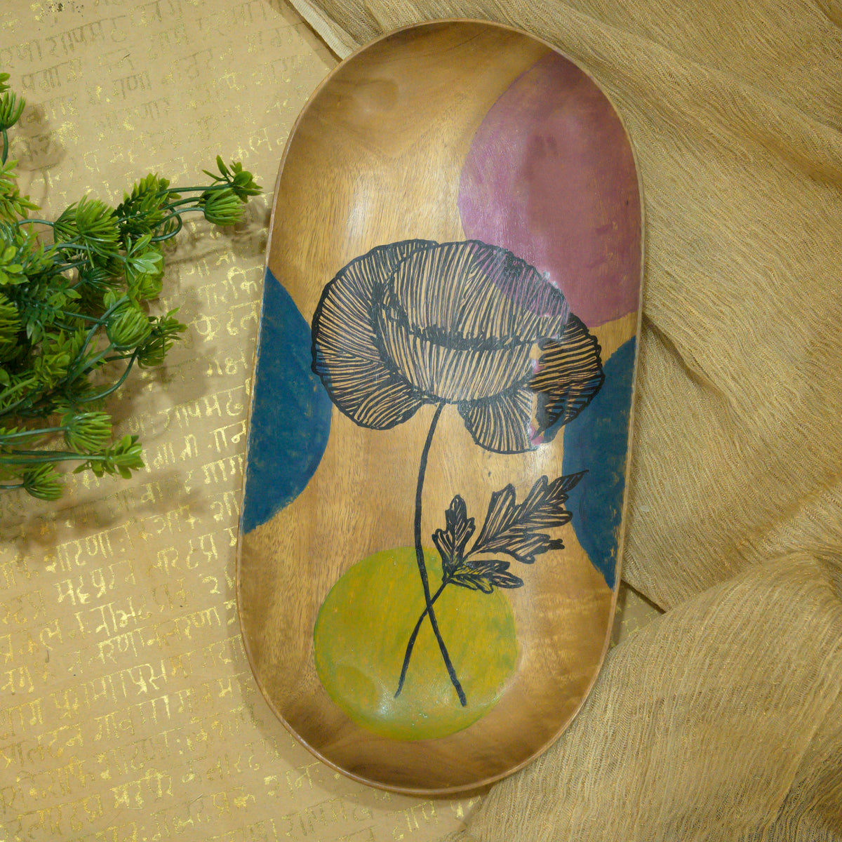 Multicolour floral wooden serving tray styled on fabric - hoWme