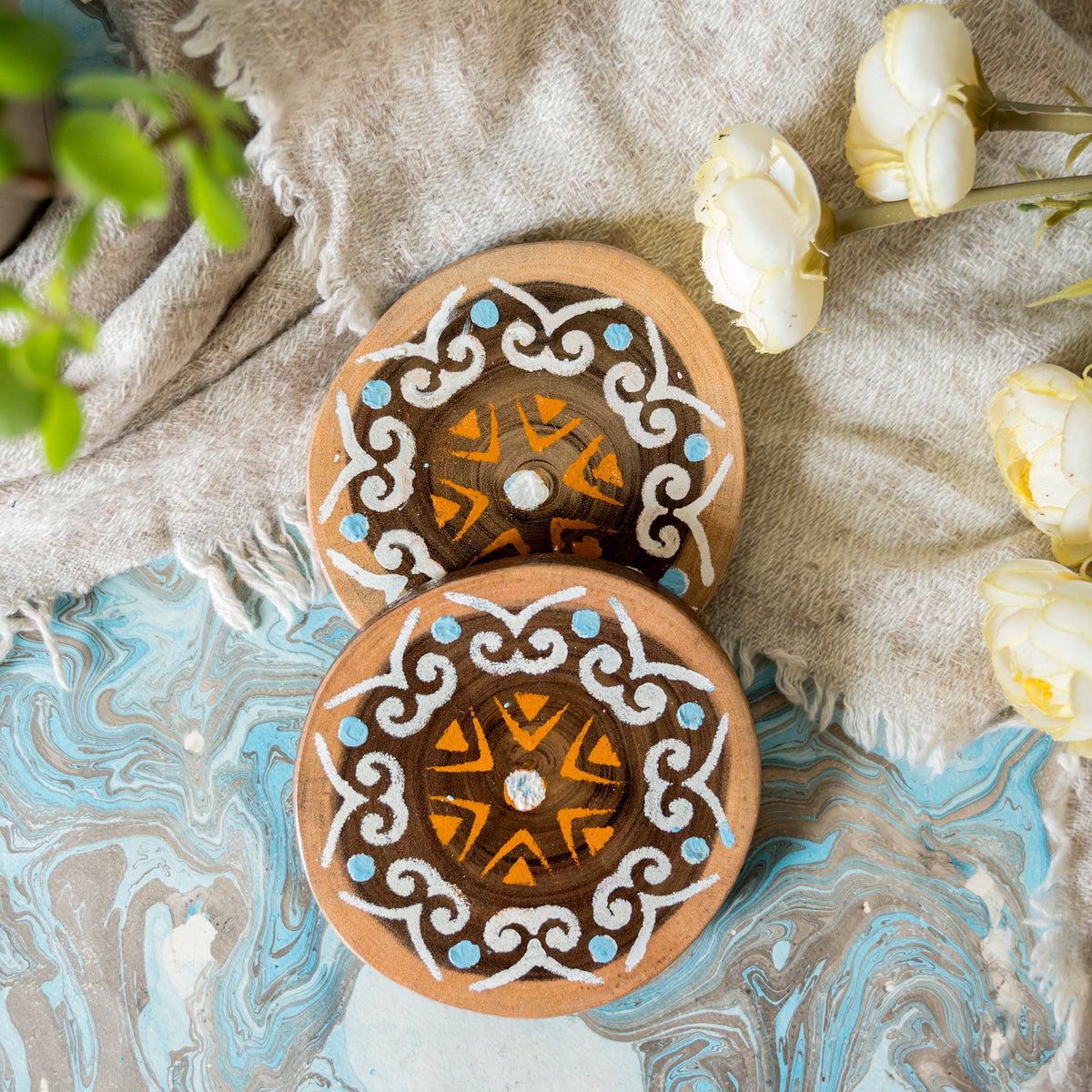 Multicolour hand-painted wooden coasters set of two - hoWme